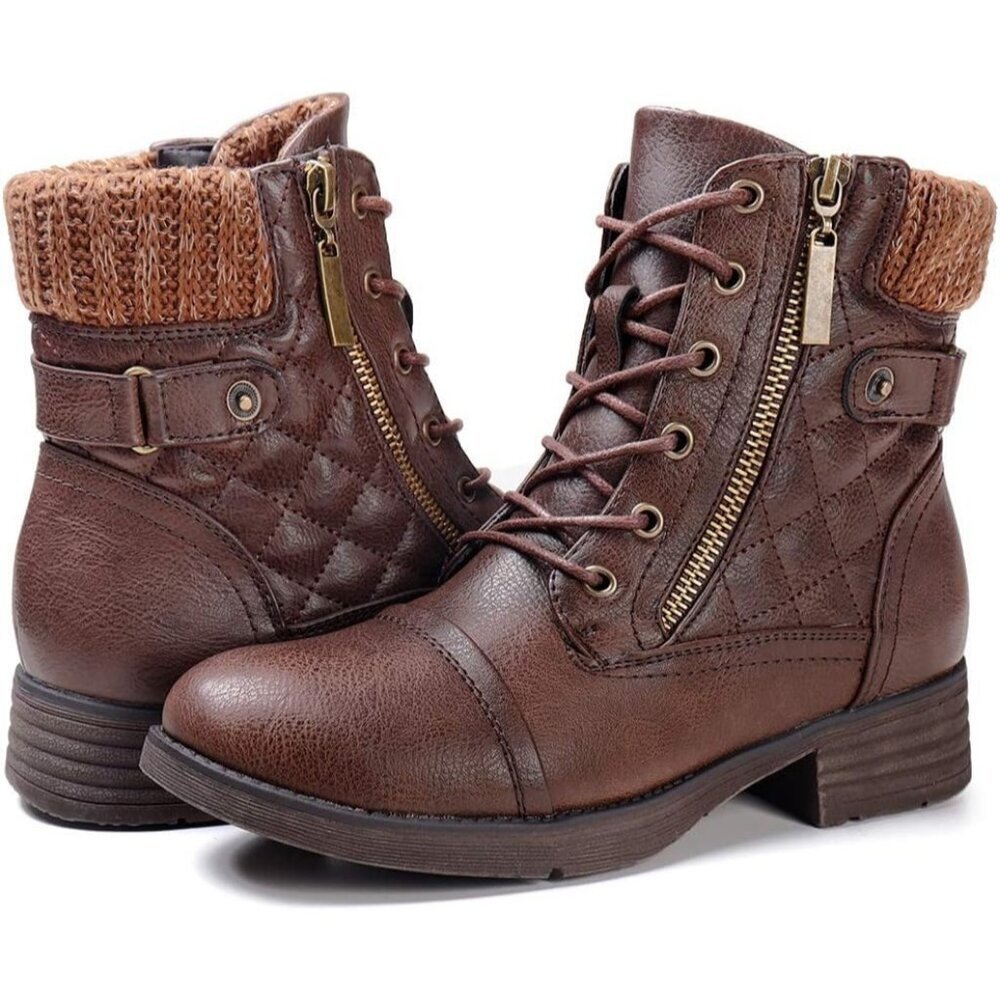 STQ Women's Brown Synthetic Side Zipper Combat Boots Lace up Ankle Booties